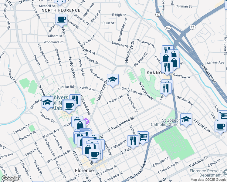 map of restaurants, bars, coffee shops, grocery stores, and more near 625 North Cherry Street in Florence