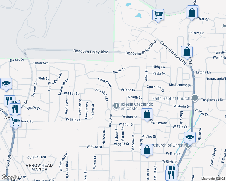 map of restaurants, bars, coffee shops, grocery stores, and more near 5802 Foxboro Drive in North Little Rock
