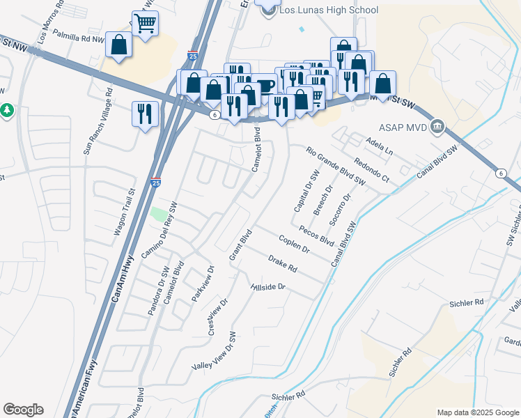 map of restaurants, bars, coffee shops, grocery stores, and more near 711 Grant Boulevard in Los Lunas