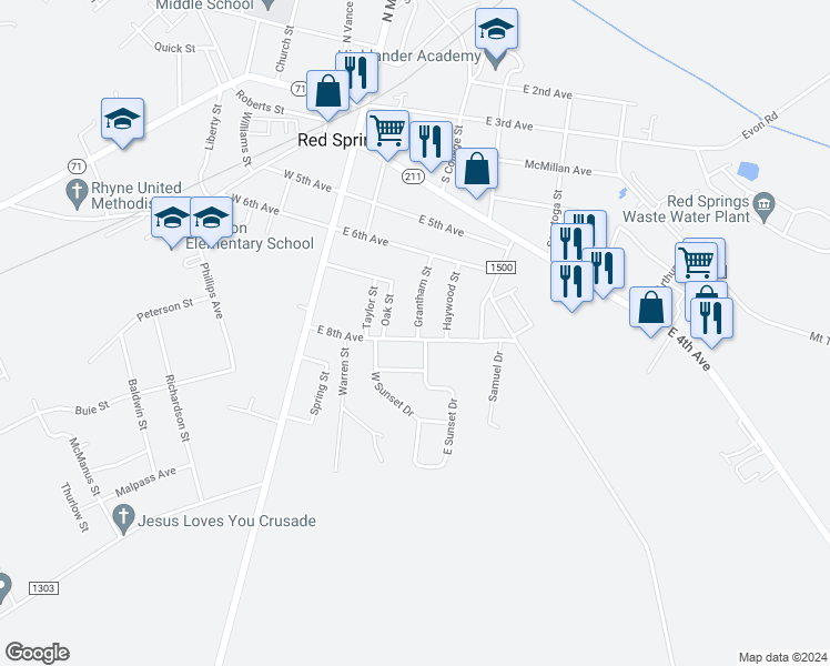 map of restaurants, bars, coffee shops, grocery stores, and more near 313 East 8th Avenue in Red Springs