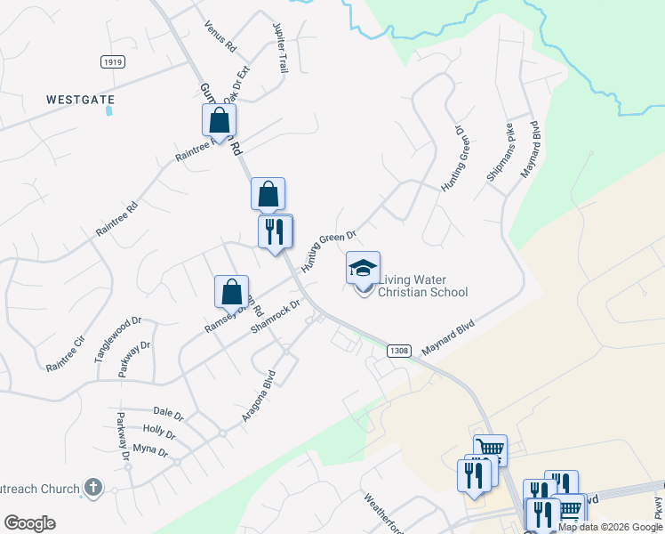 map of restaurants, bars, coffee shops, grocery stores, and more near 1308 Gum Branch Road in Jacksonville