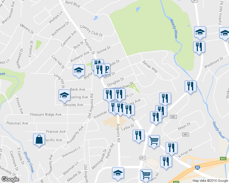 map of restaurants, bars, coffee shops, grocery stores, and more near 14 Granada Drive in Greenville