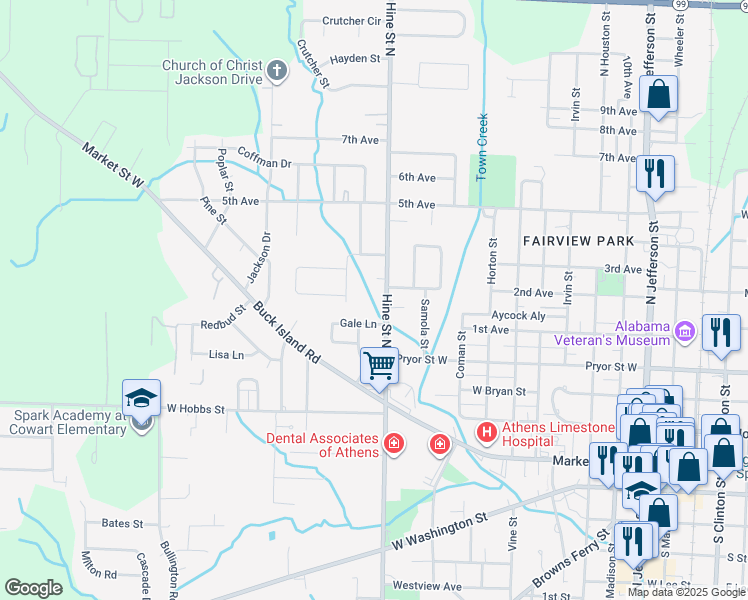 map of restaurants, bars, coffee shops, grocery stores, and more near 509 Hine St N in Athens
