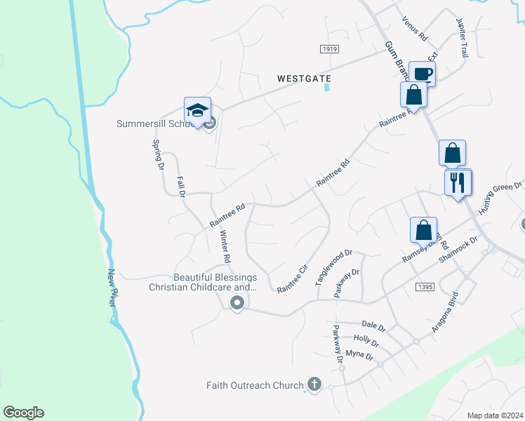 map of restaurants, bars, coffee shops, grocery stores, and more near 427 Raintree Road in Jacksonville