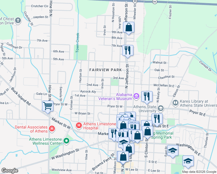 map of restaurants, bars, coffee shops, grocery stores, and more near 515 North Houston Street in Athens