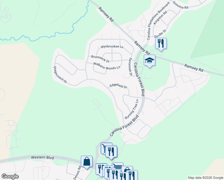 map of restaurants, bars, coffee shops, grocery stores, and more near 228 Stagecoach Drive in Jacksonville