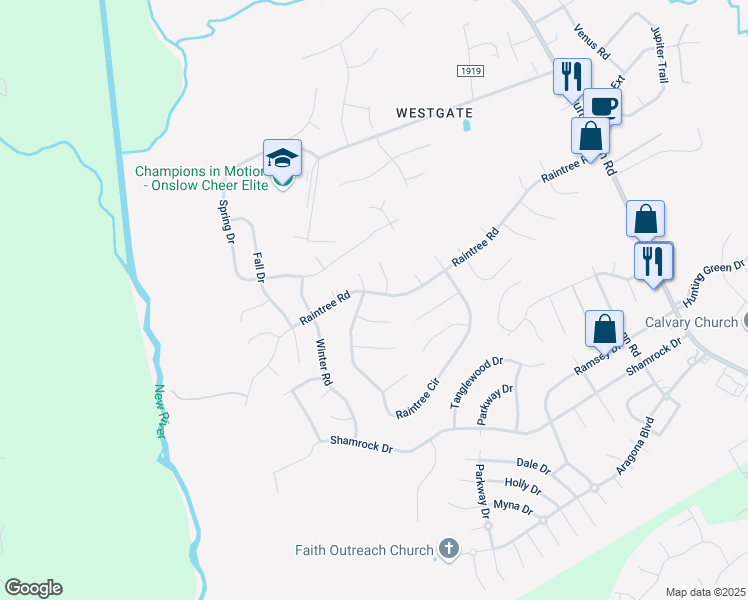 map of restaurants, bars, coffee shops, grocery stores, and more near 427 Raintree Road in Jacksonville
