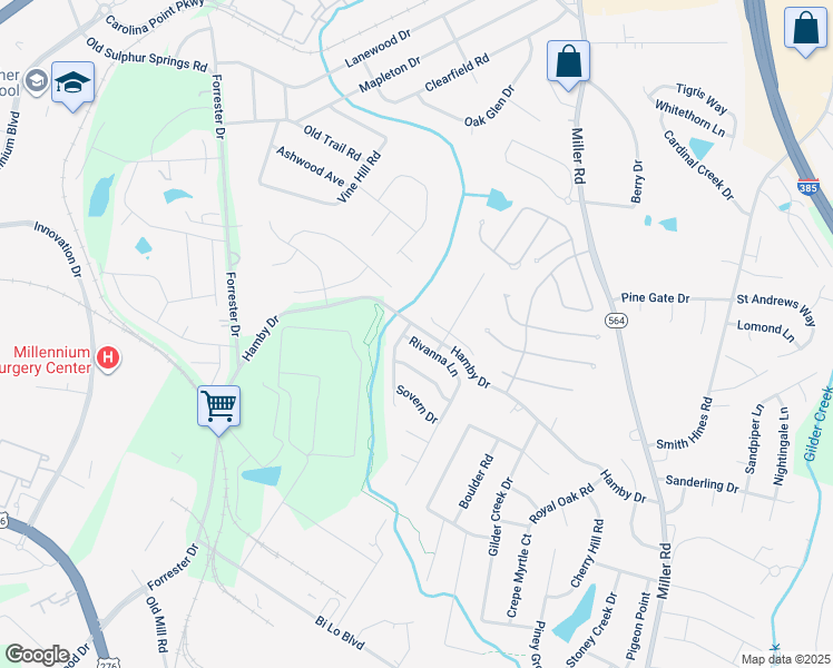 map of restaurants, bars, coffee shops, grocery stores, and more near 19 Rivanna Lane in Greenville
