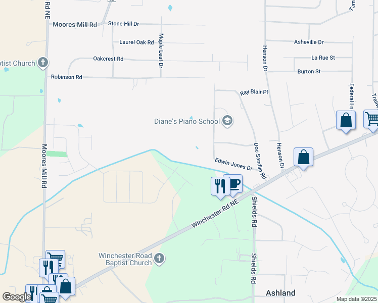 map of restaurants, bars, coffee shops, grocery stores, and more near 1337 Winchester Road Northeast in Huntsville