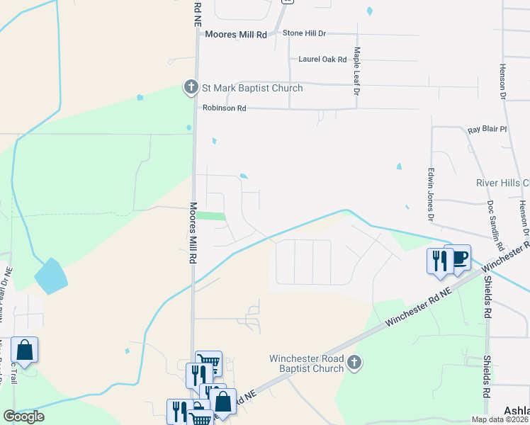 map of restaurants, bars, coffee shops, grocery stores, and more near 6372 Moores Mill Road in Huntsville