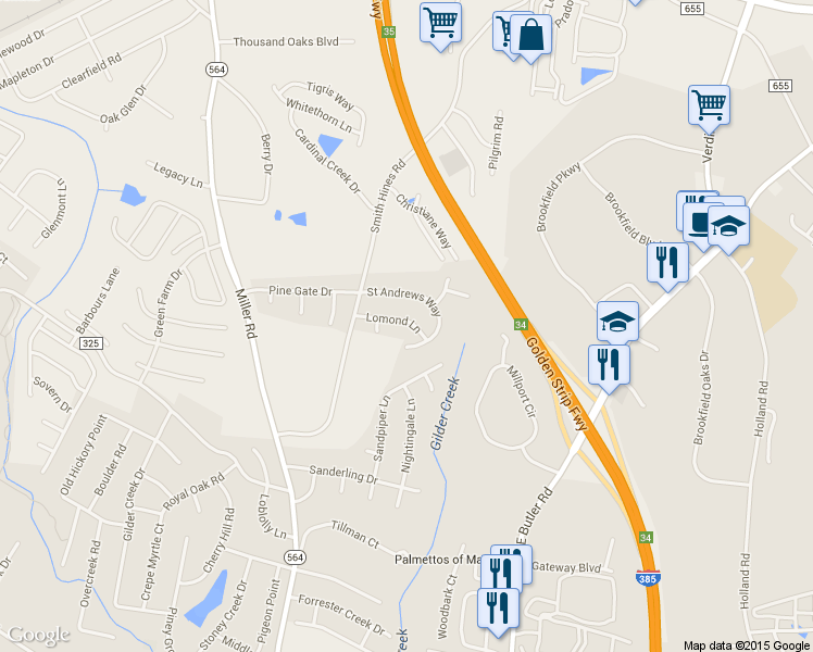 map of restaurants, bars, coffee shops, grocery stores, and more near 110 Lomond Lane in Greenville