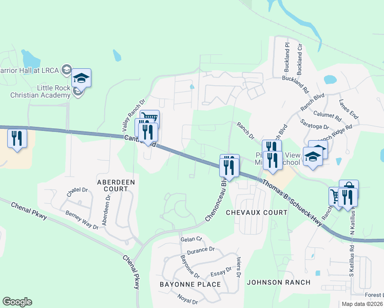 map of restaurants, bars, coffee shops, grocery stores, and more near 18020 Cantrell Road in Little Rock
