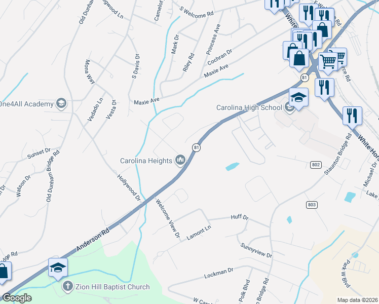map of restaurants, bars, coffee shops, grocery stores, and more near 2822 Anderson Road in Greenville