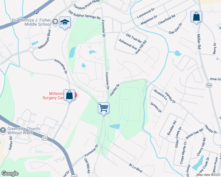 map of restaurants, bars, coffee shops, grocery stores, and more near 650 Forrester Drive in Greenville