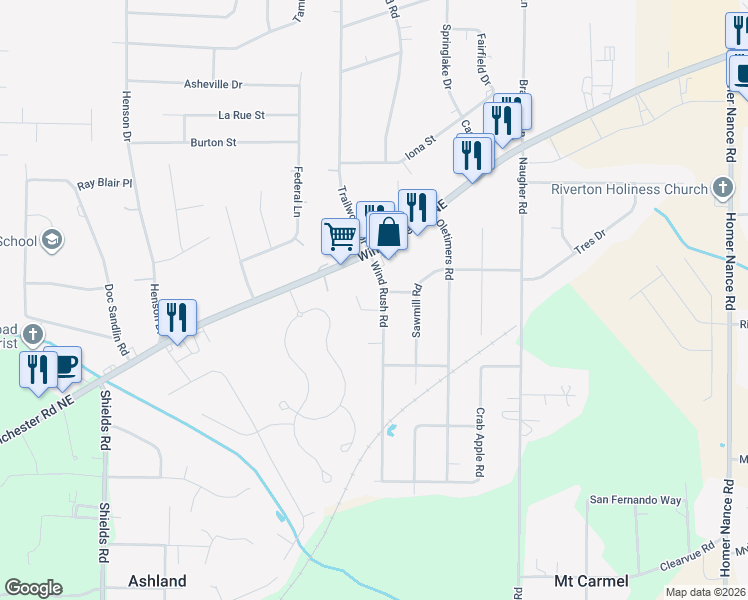 map of restaurants, bars, coffee shops, grocery stores, and more near 108 Wind Rush Road in Huntsville