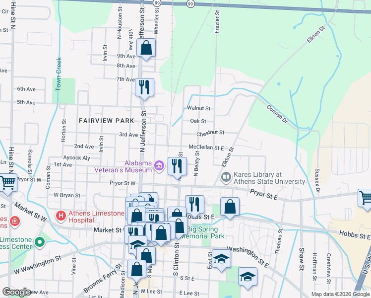 map of restaurants, bars, coffee shops, grocery stores, and more near 512 North Clinton Street in Athens