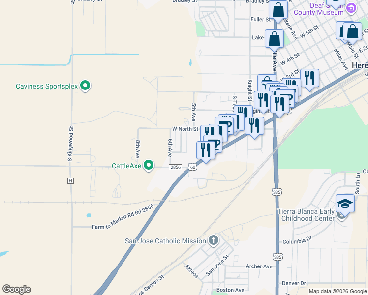 map of restaurants, bars, coffee shops, grocery stores, and more near 201 Harrah Street in Hereford