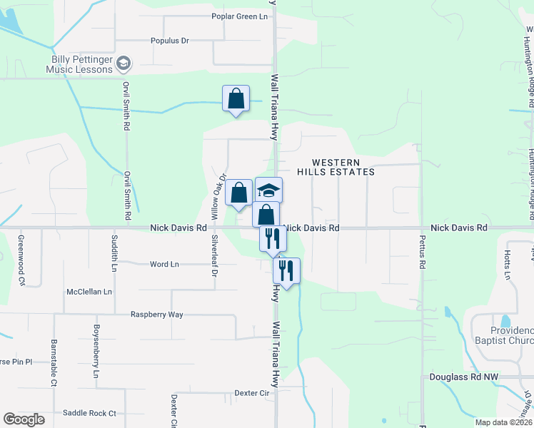 map of restaurants, bars, coffee shops, grocery stores, and more near 7640 Wall Triana Highway in Harvest