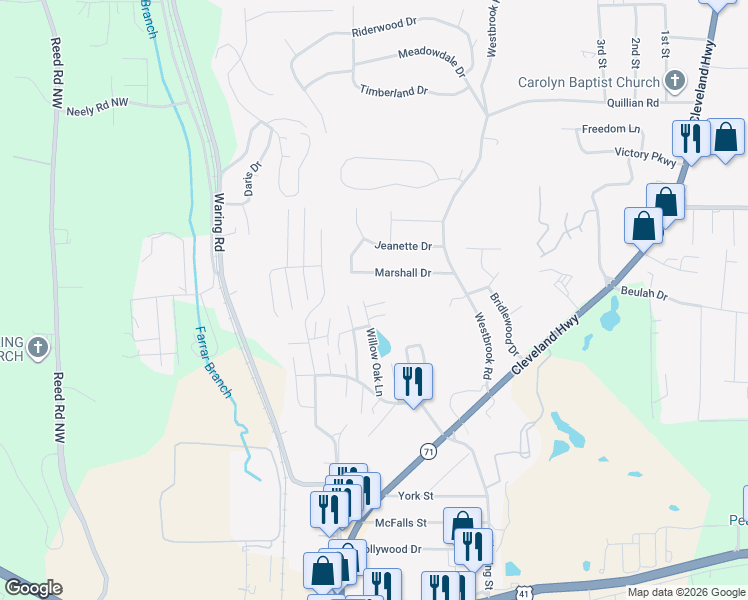 map of restaurants, bars, coffee shops, grocery stores, and more near 1708 Willow Oaks Lane in Dalton