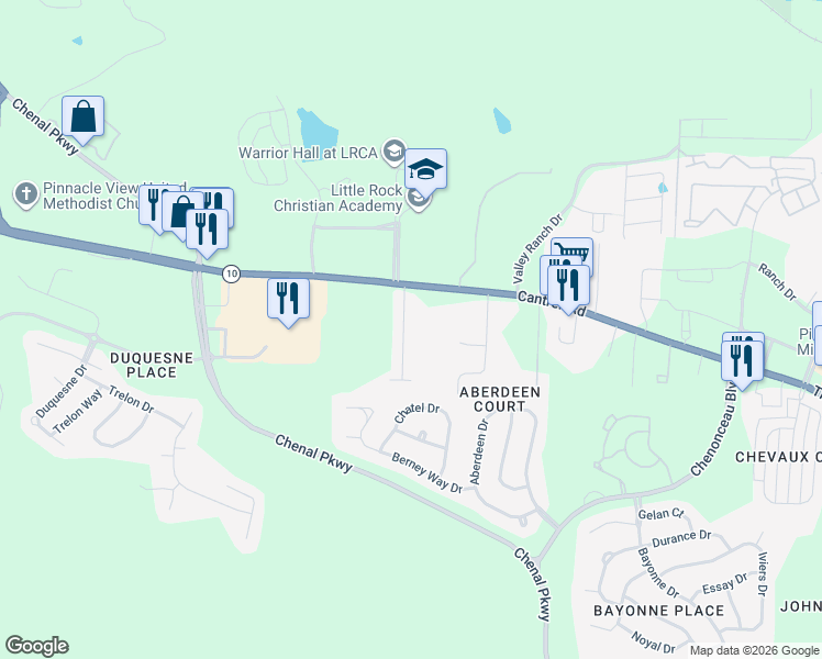 map of restaurants, bars, coffee shops, grocery stores, and more near 21 Bishop Place in Little Rock