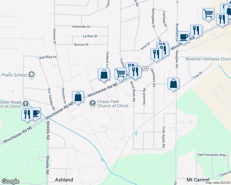 map of restaurants, bars, coffee shops, grocery stores, and more near 1732 Winchester Road Northeast in Huntsville