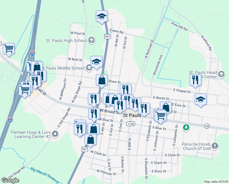 map of restaurants, bars, coffee shops, grocery stores, and more near 231 North 3rd Street in Saint Pauls