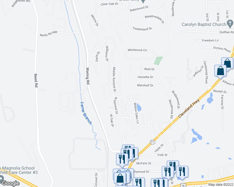 map of restaurants, bars, coffee shops, grocery stores, and more near 1896 Middle Summit Drive in Dalton