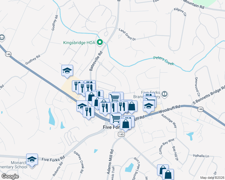 map of restaurants, bars, coffee shops, grocery stores, and more near 4 Dillworth Court in Simpsonville