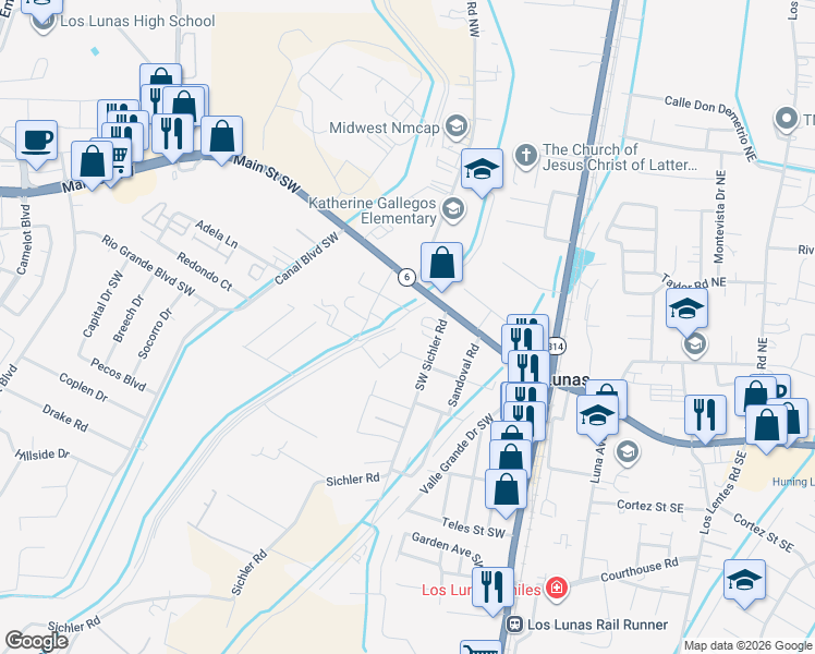 map of restaurants, bars, coffee shops, grocery stores, and more near 135A Southwest Sichler Road in Los Lunas