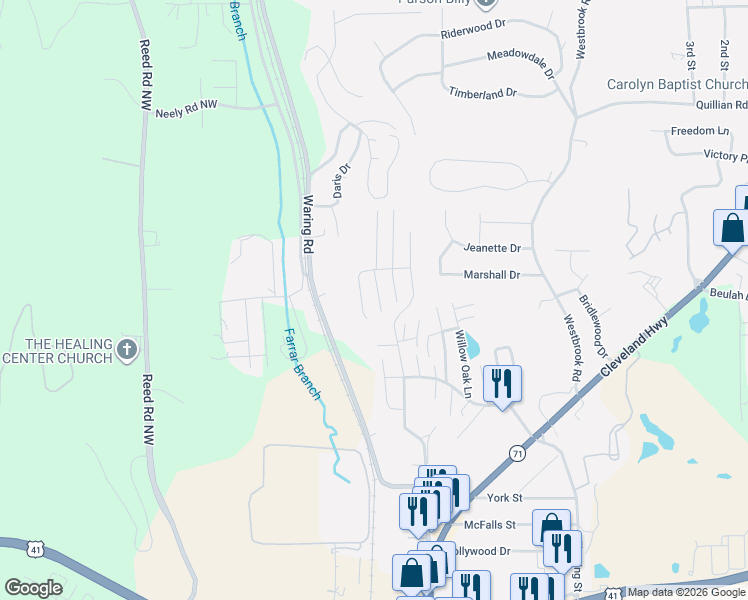 map of restaurants, bars, coffee shops, grocery stores, and more near 1901 Grand Summit Drive in Dalton