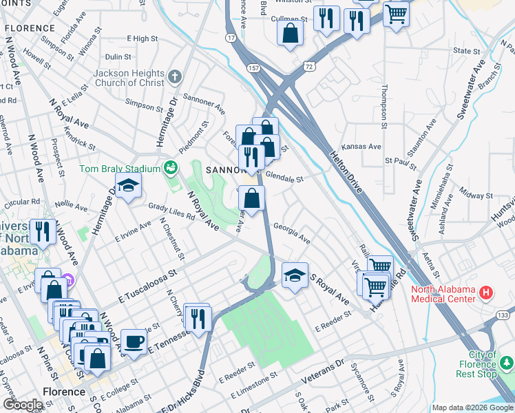 map of restaurants, bars, coffee shops, grocery stores, and more near 885 Florence Boulevard in Florence