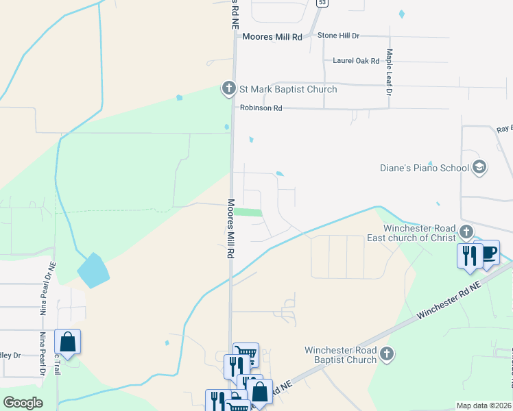 map of restaurants, bars, coffee shops, grocery stores, and more near 200 Oracle Circle in Huntsville