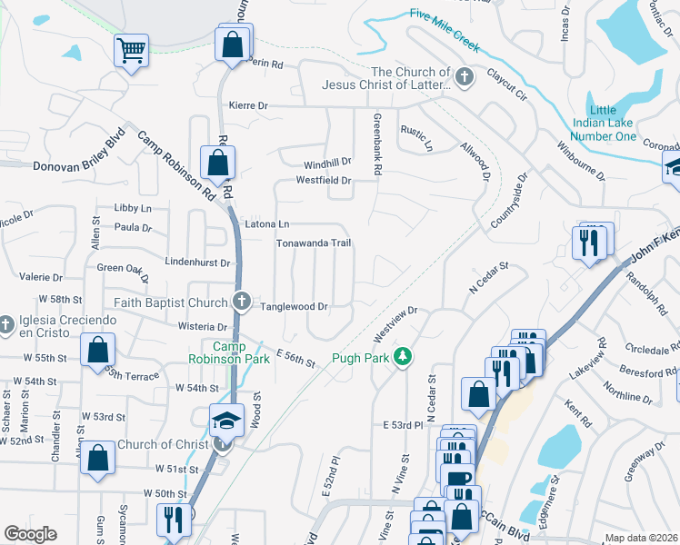 map of restaurants, bars, coffee shops, grocery stores, and more near 5801 Hacienda Drive in North Little Rock