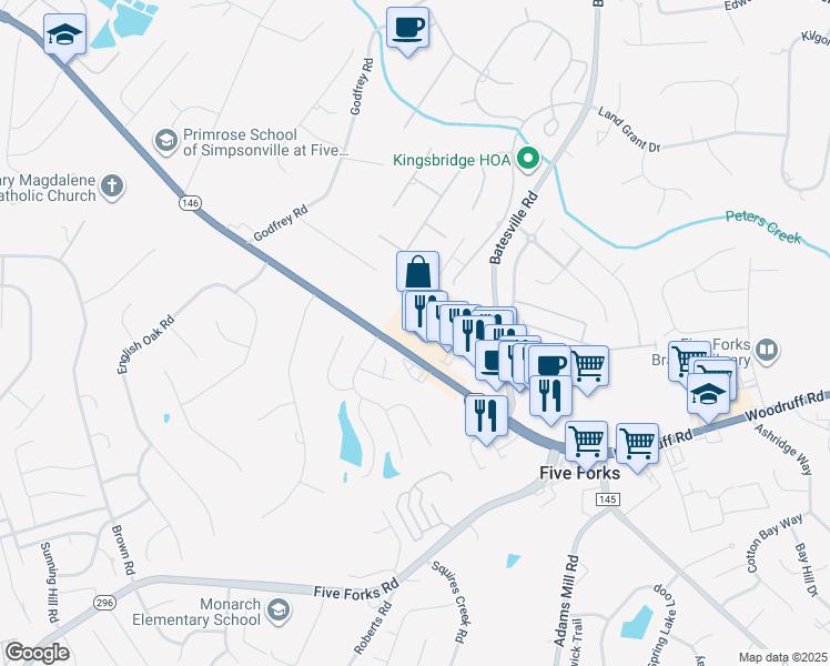 map of restaurants, bars, coffee shops, grocery stores, and more near 100 Woodruff Place Circle in Simpsonville