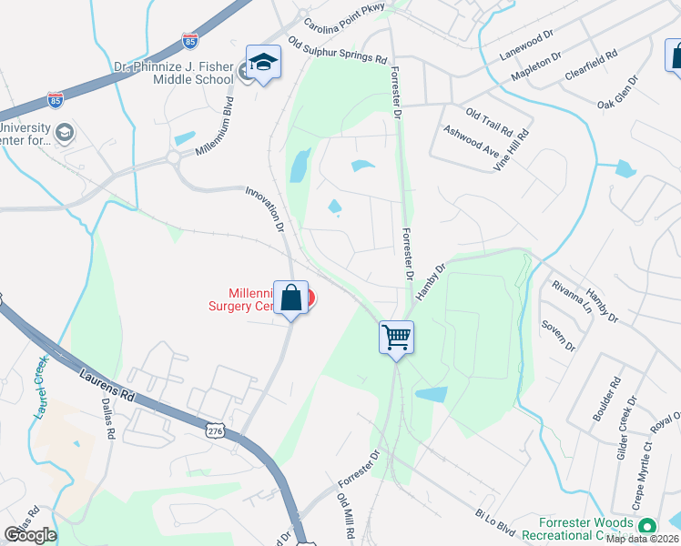 map of restaurants, bars, coffee shops, grocery stores, and more near 401 Rubia Drive in Greenville