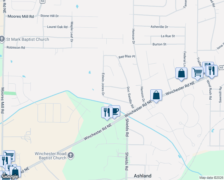 map of restaurants, bars, coffee shops, grocery stores, and more near 3006 Eolyne Kelly Way in Huntsville