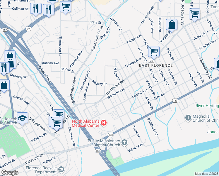 map of restaurants, bars, coffee shops, grocery stores, and more near 2021 Huntsville Road in Florence