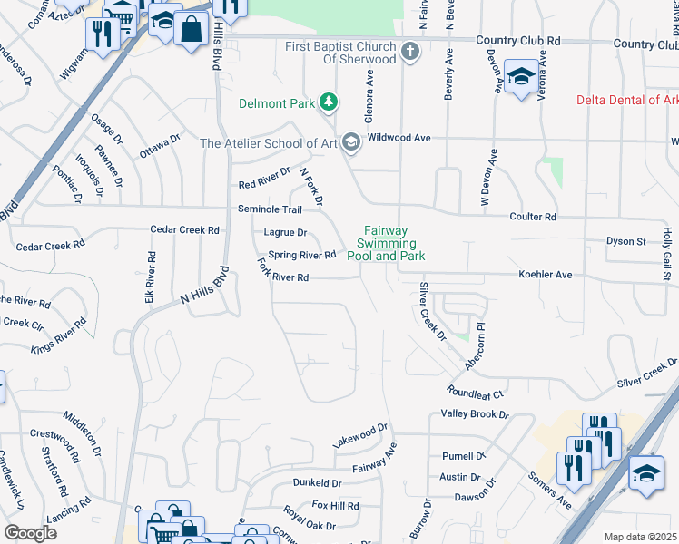 map of restaurants, bars, coffee shops, grocery stores, and more near 407 Fork River Road in Sherwood