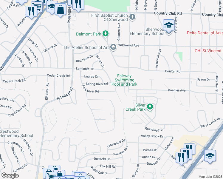 map of restaurants, bars, coffee shops, grocery stores, and more near 406 Fork River Road in Sherwood