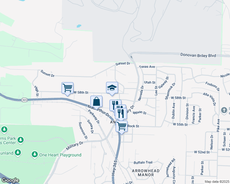 map of restaurants, bars, coffee shops, grocery stores, and more near 2401 West 58th Street in North Little Rock