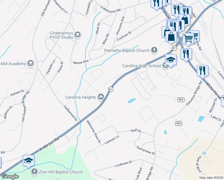 map of restaurants, bars, coffee shops, grocery stores, and more near 2819 Anderson Road in Greenville