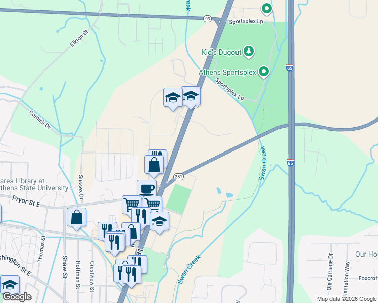 map of restaurants, bars, coffee shops, grocery stores, and more near 322 U.S. 31 in Athens