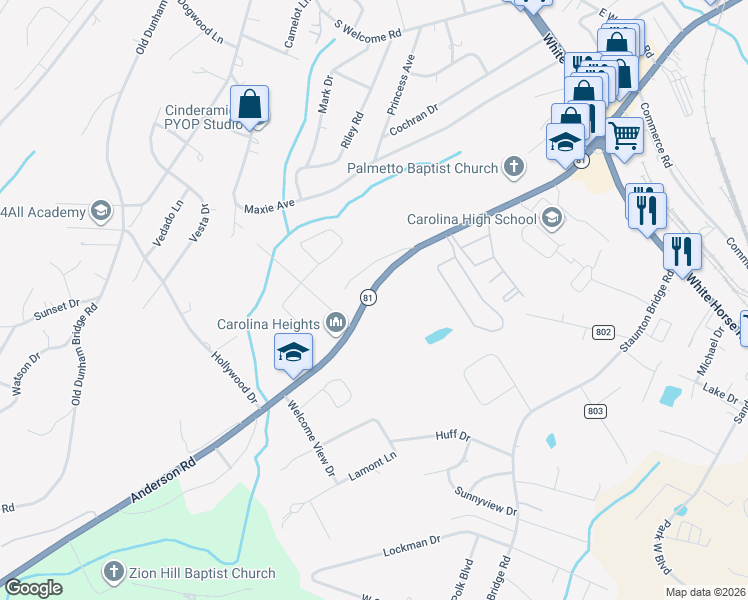 map of restaurants, bars, coffee shops, grocery stores, and more near 2819 Anderson Road in Greenville