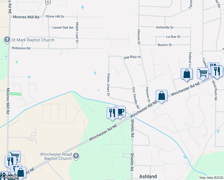 map of restaurants, bars, coffee shops, grocery stores, and more near 6012 Edwin Jones Drive in Huntsville