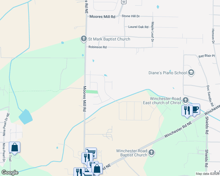 map of restaurants, bars, coffee shops, grocery stores, and more near 6372 Moores Mill Road in Huntsville