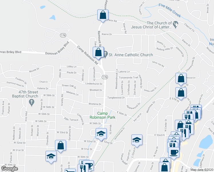 map of restaurants, bars, coffee shops, grocery stores, and more near 5720 Camp Robinson Road in North Little Rock