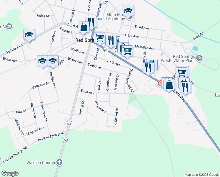 map of restaurants, bars, coffee shops, grocery stores, and more near 131 Grantham Street in Red Springs