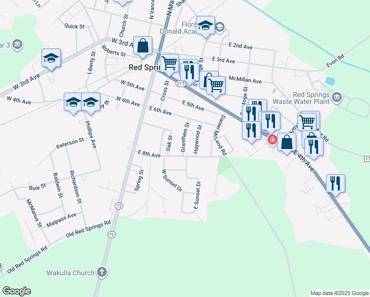 map of restaurants, bars, coffee shops, grocery stores, and more near 131 Grantham Street in Red Springs