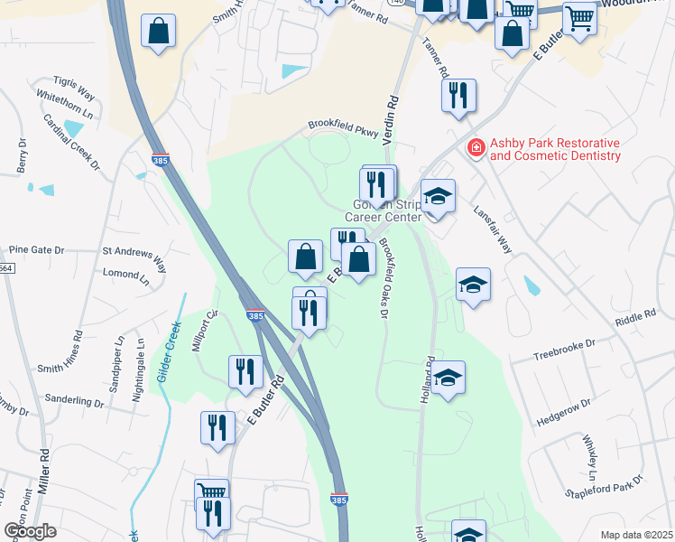 map of restaurants, bars, coffee shops, grocery stores, and more near 1041 East Butler Road in Greenville