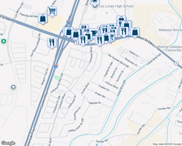 map of restaurants, bars, coffee shops, grocery stores, and more near 711 Grant Boulevard in Los Lunas